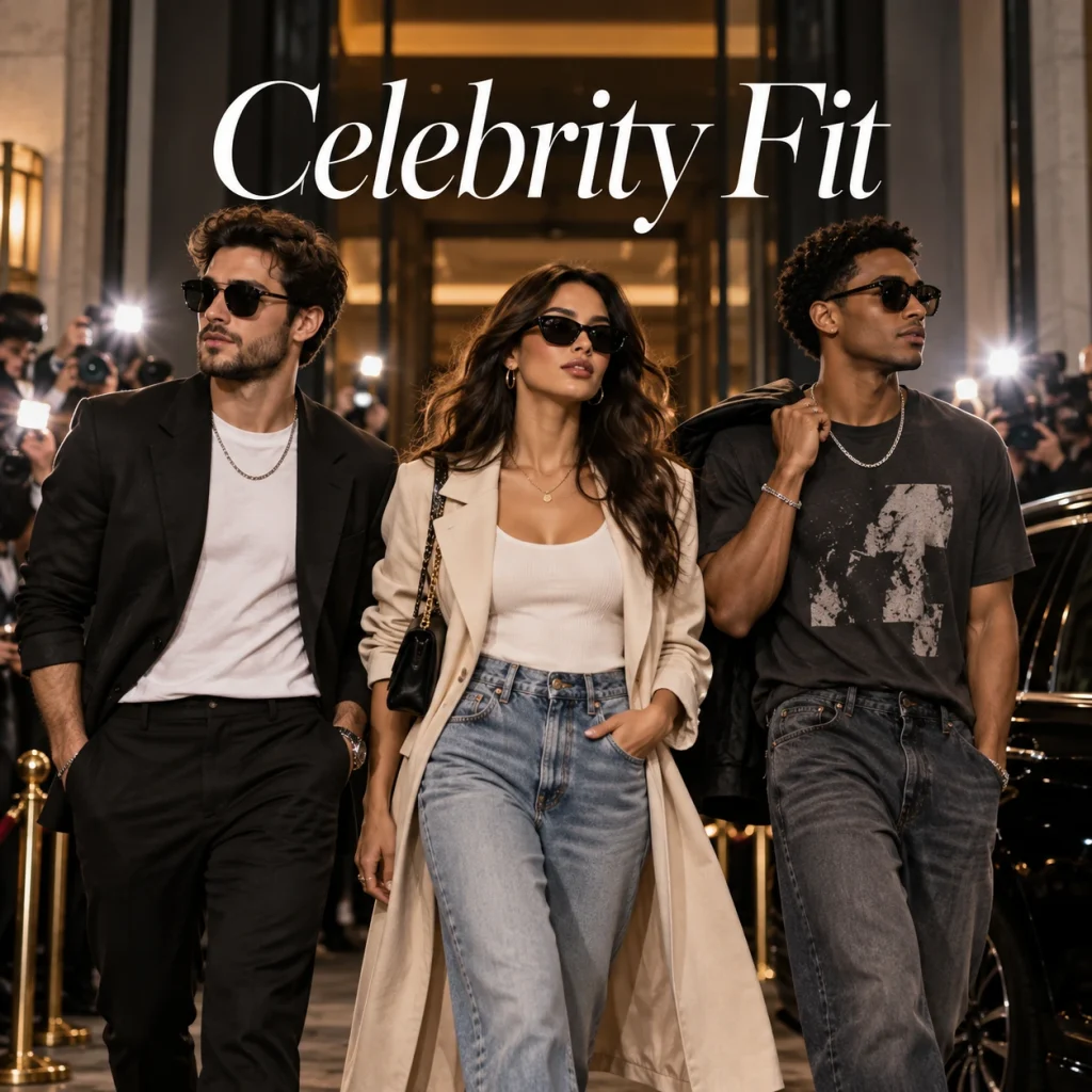 Explore the Celebrity Fit collection featuring iconic street style, red carpet off-duty fashion, and star-inspired outfits. Get the effortless celebrity look with stylish blazers, chic trench coats, graphic tees, denim jeans, and designer sunglasses